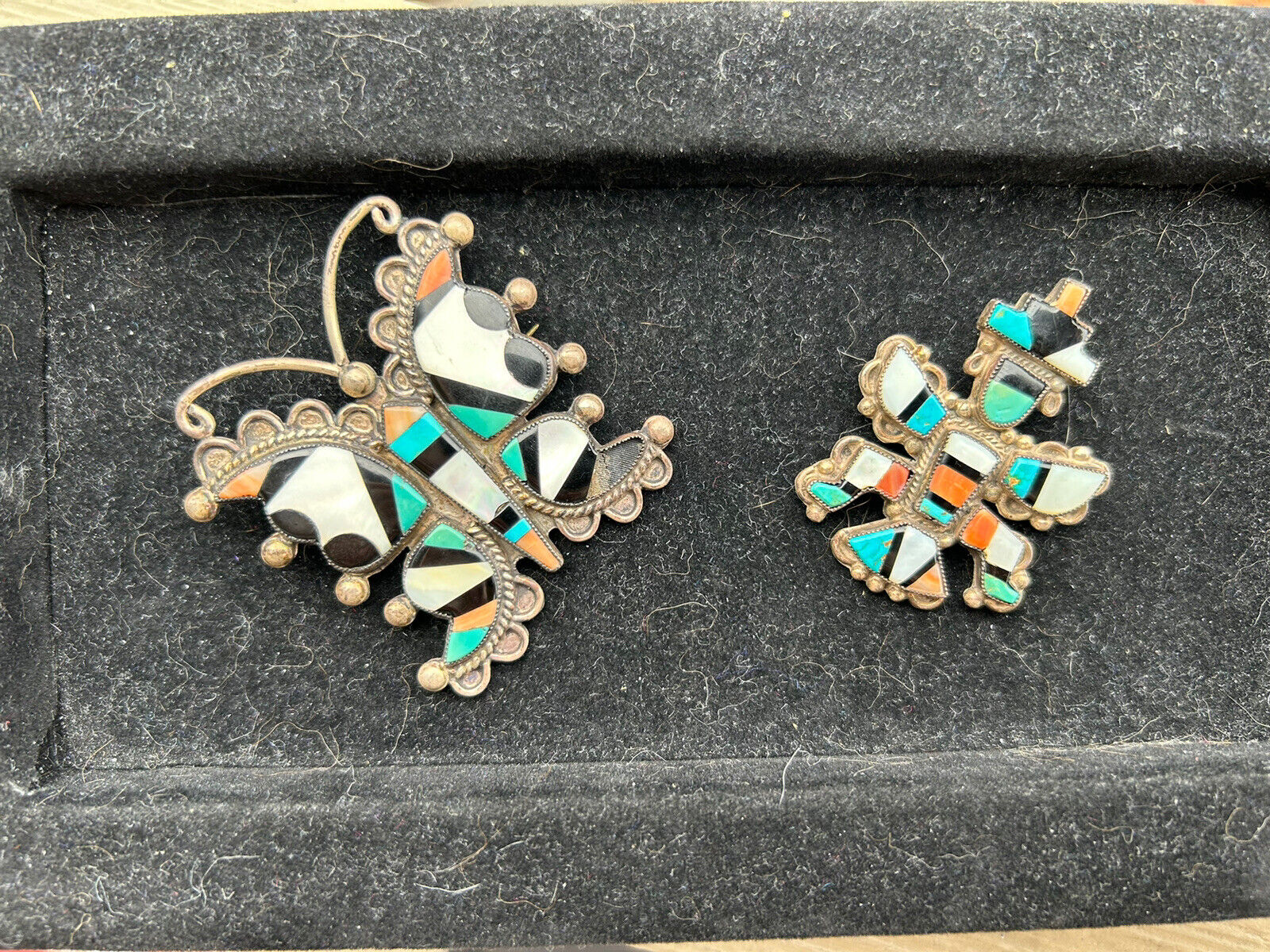 OLD VINTAGE 1940\'s ZUNI INLAY SET OF BROOCHES 2 3/8” & 2” Butterfly & Knifewing
