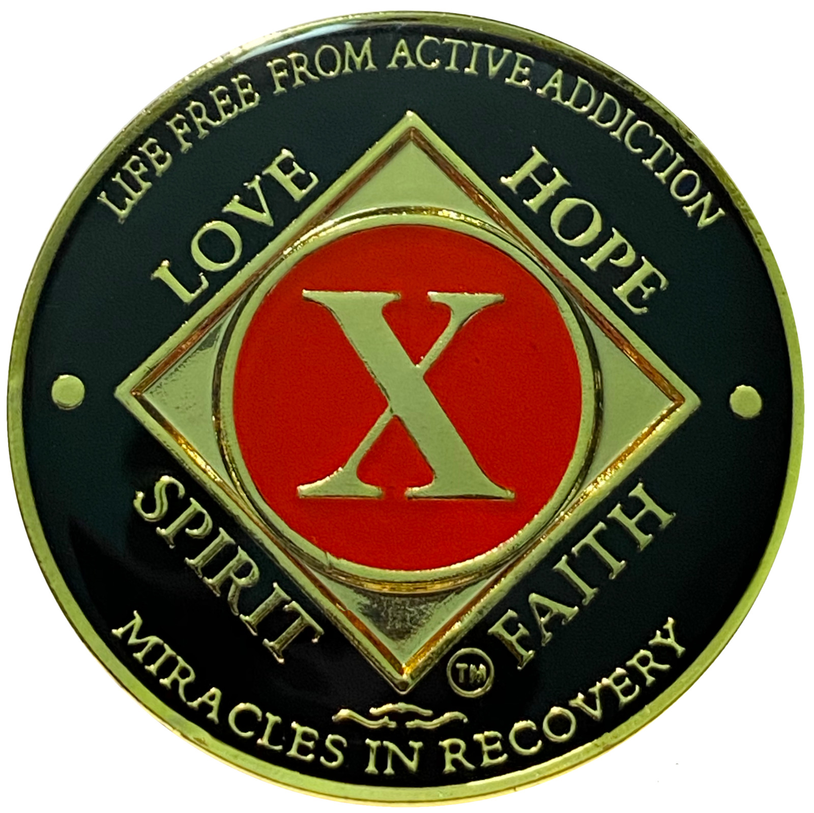 NA 10 Year Red, Gold Color Plated Coin, Narcotics Anonymous Medallion