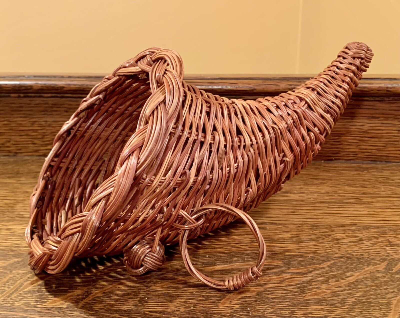Vintage Cornucopia 11.5” Wicker Horn of Plenty Basket: Rattan Thanksgiving Decor