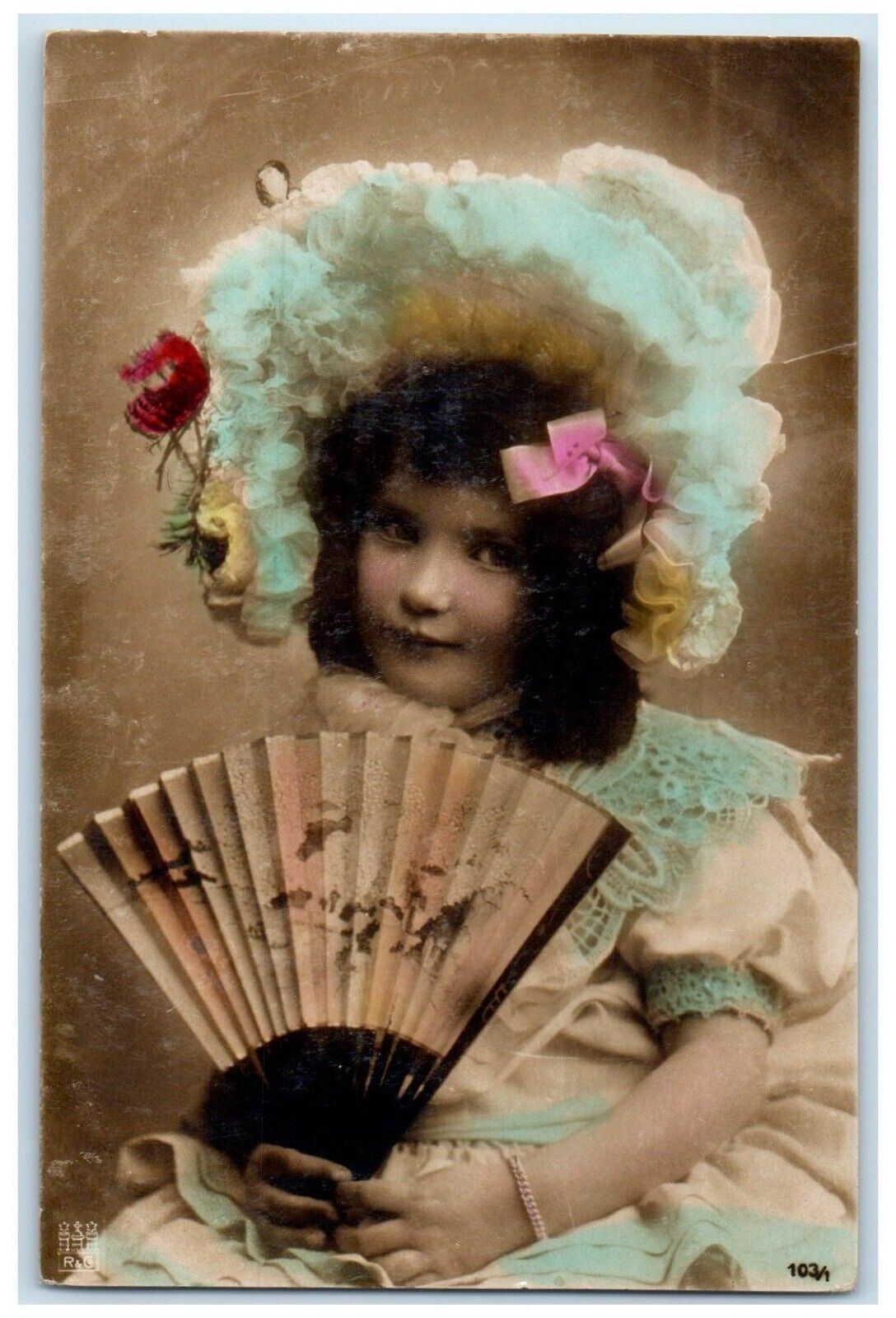 1907 Little Girl With Fan Studio Portrait RPPC Photo Posted Antique Postcard