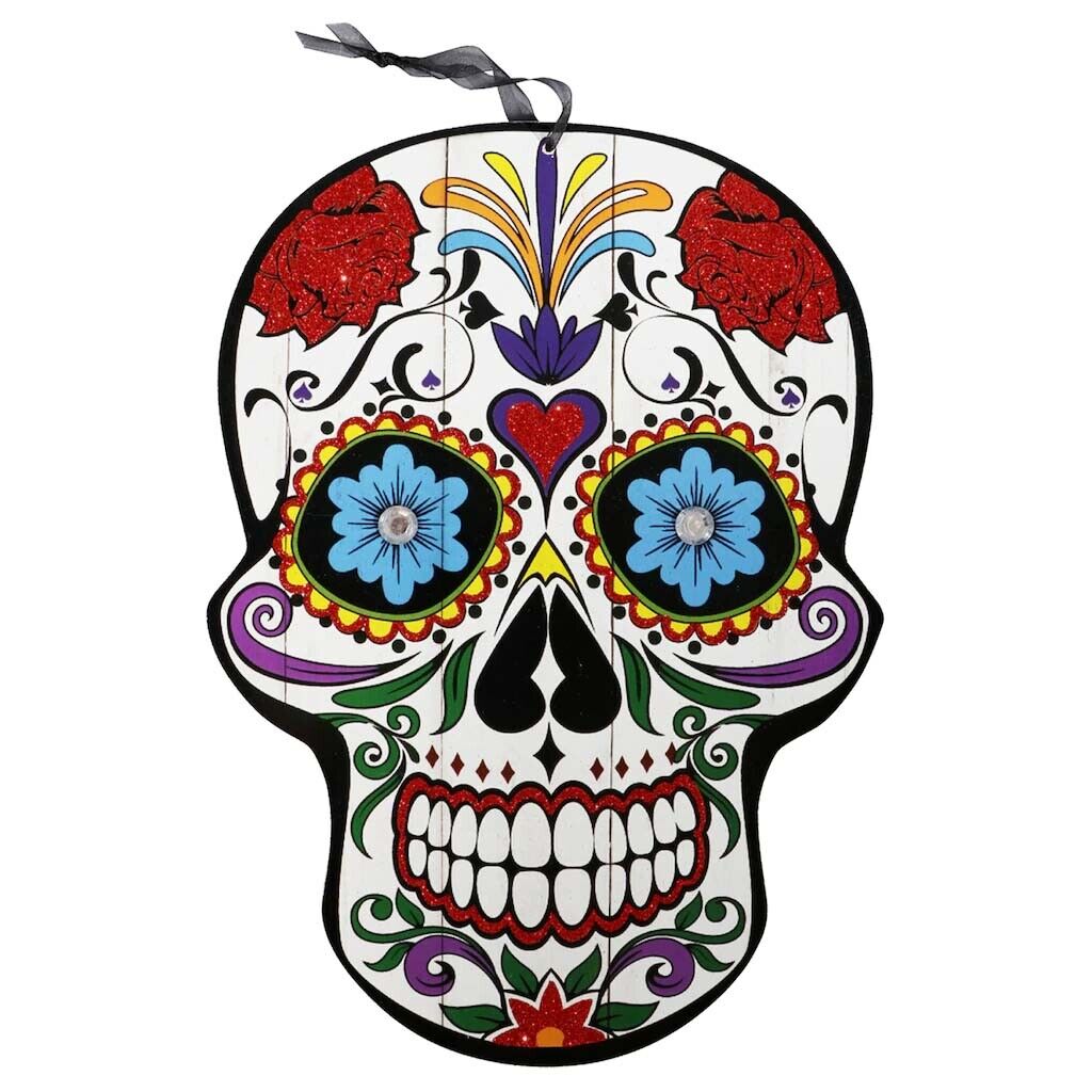 Day of the Dead Sugar Skull Hanging Wall Sign Glitter Red Roses Fast Sipping 