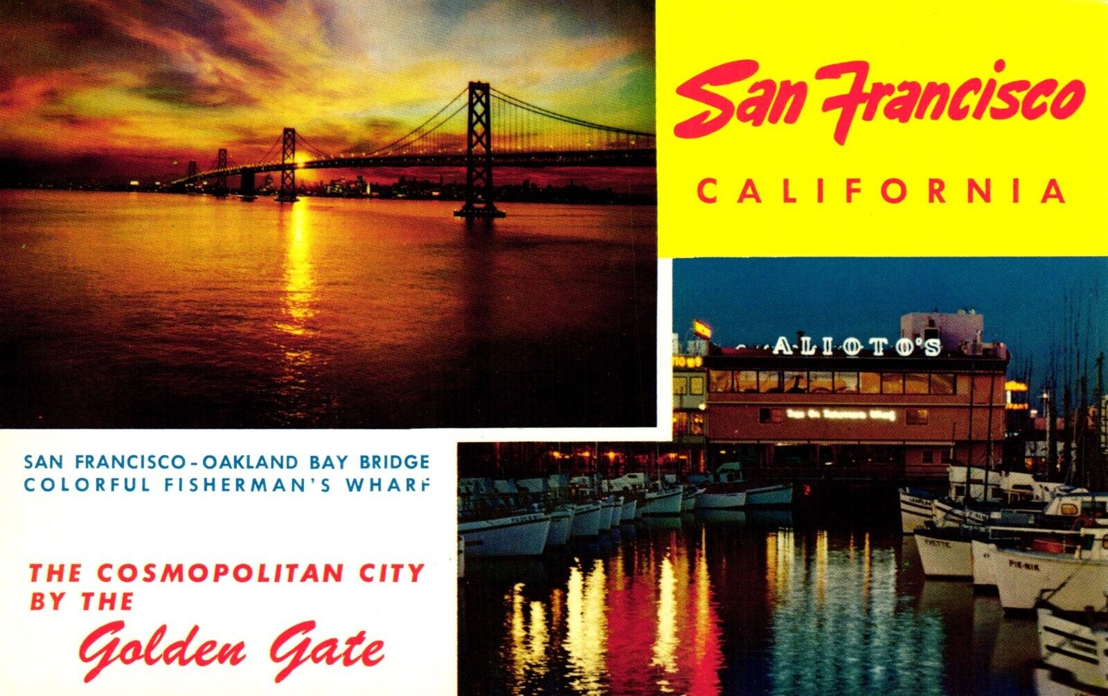 Postcard Alioto's restaurant at Fishermans wharf San Francisco, California