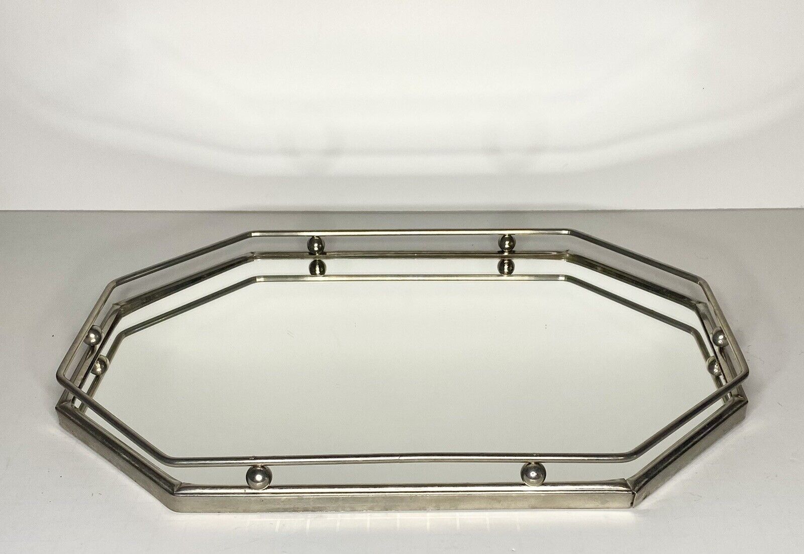 Vintage Octagon Silver Tone Mirror Vanity Tray 13 X 9”