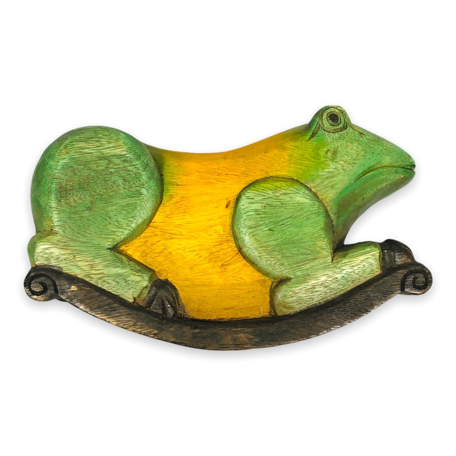 Frog Rocking Horse Carving Wood Solid Green Yellow Gradient Painted Heavy Wooden