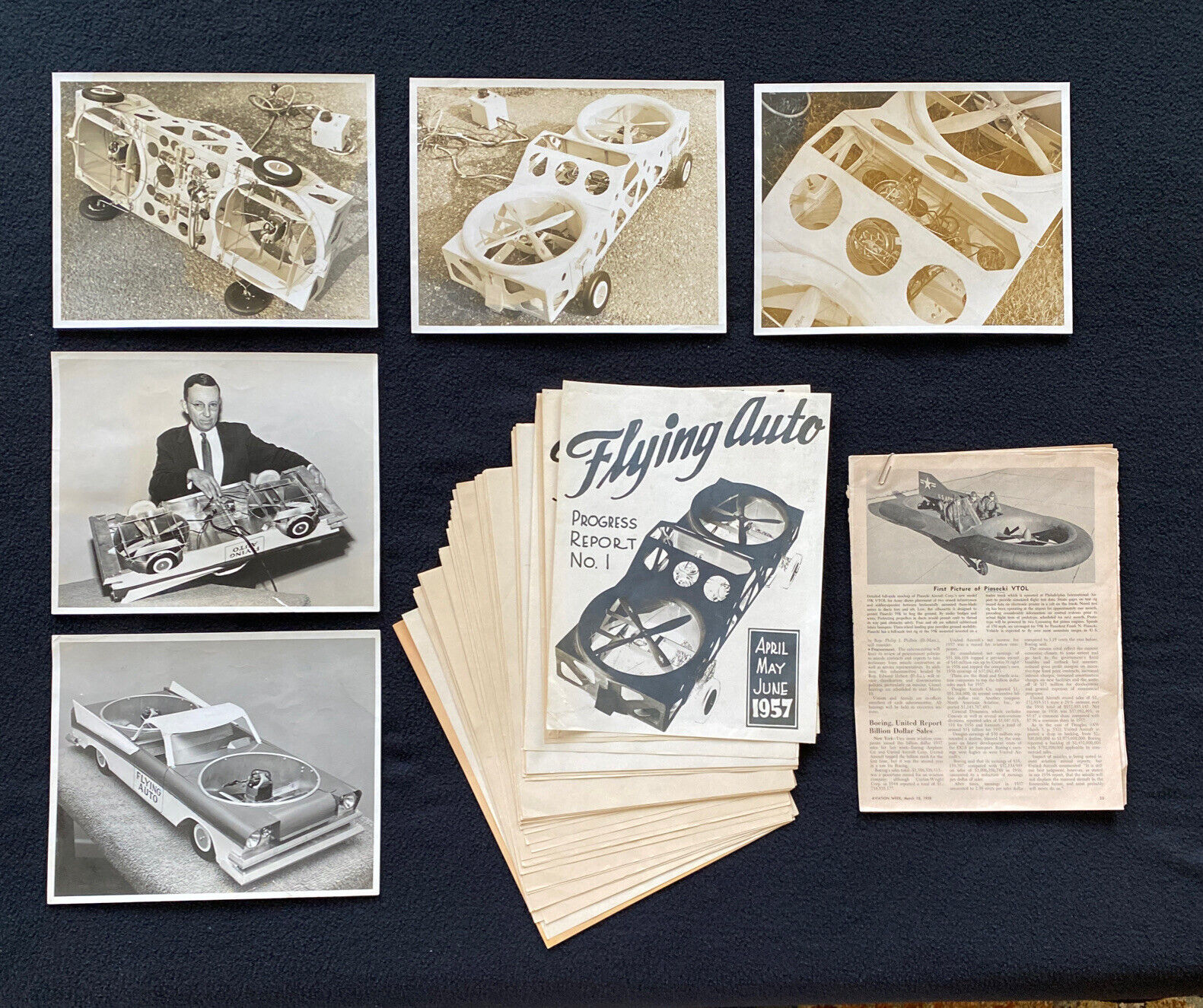 Vtg Lot 1957 Howard Simmons Flying Auto 5 B/W Photos 8x10 + Progress Report #1 +
