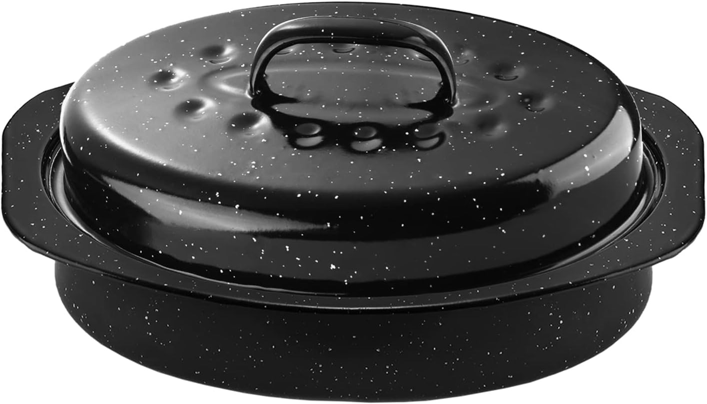 13Inch Roasting Pan, Enamel on Steel, Black Covered Oval Roaster Pan with Lid