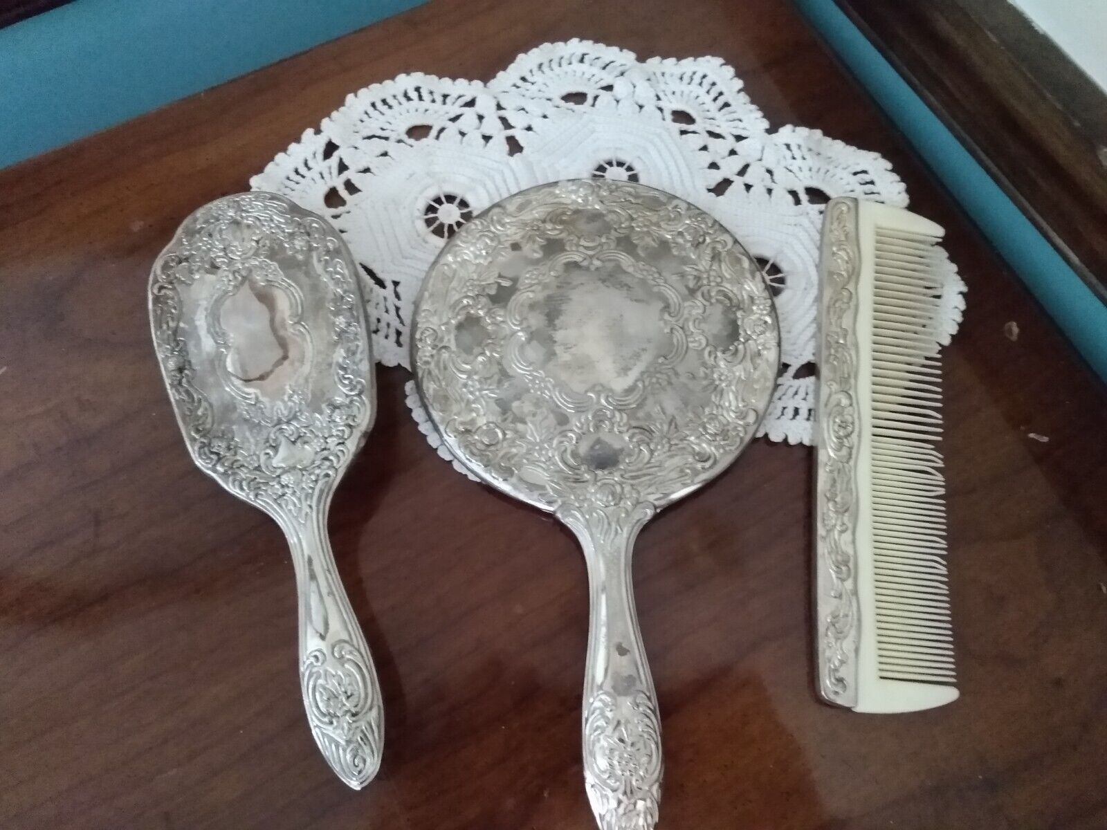 Vintage Retro Ornate Vanity Set Silver Quality Made Mirror Brush Comb Accessorie