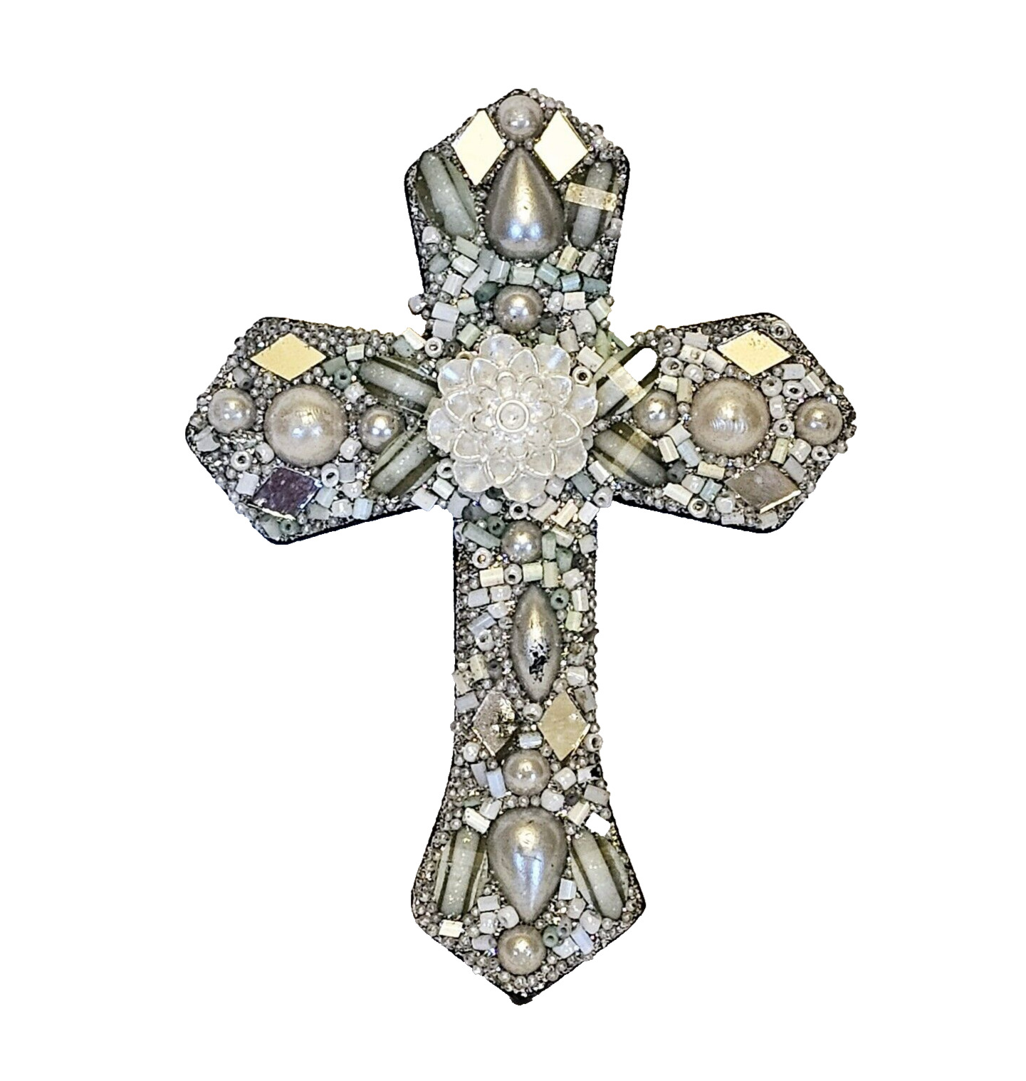 Decorative Cross Beaded Trinket Jeweled Silver Pearl Table top Decor 3\