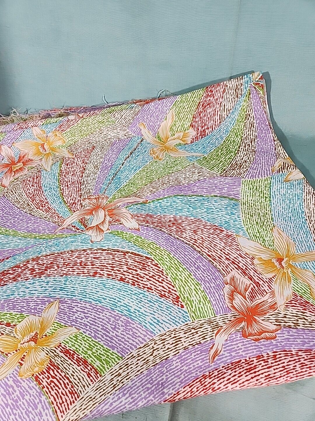Vintage 70s Tropical Floral Hawaiian Fabric Orchids Rainbow Rayon Dress 4 Yds