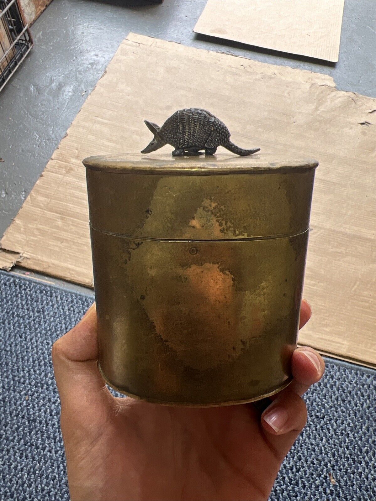 Vintage Brass Armadillo Tin Container Trinket Snuff Box