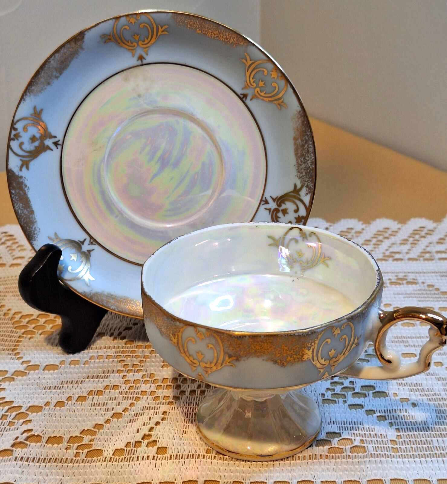 Vintage Shefford Iridescent Footed Teal and Gold Pedestal Cup and Saucer, Japan