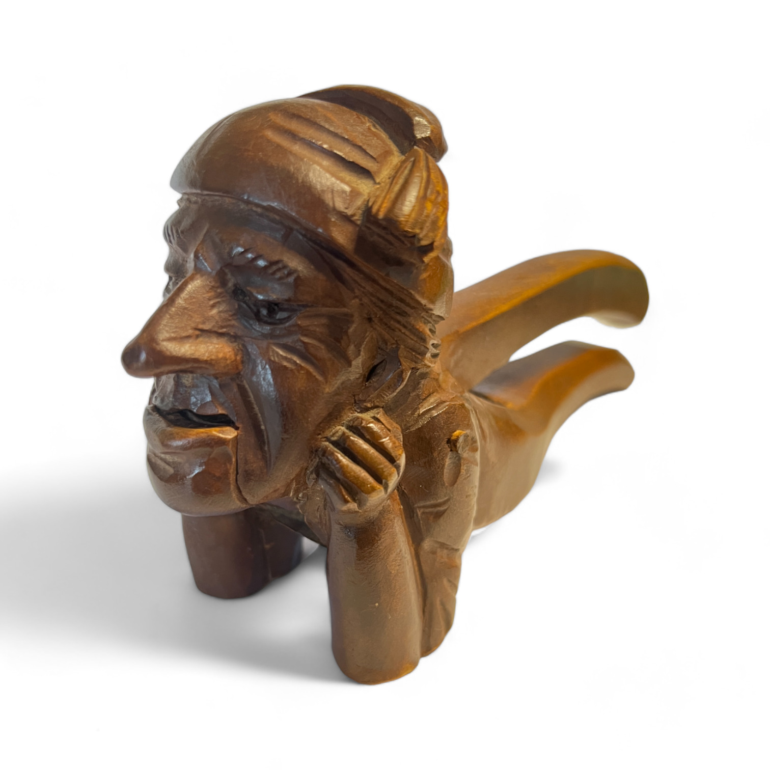 1960\'s Hand Carved Nutcracker Wooden Pirate Sitting Up on Elbows 8 in Long