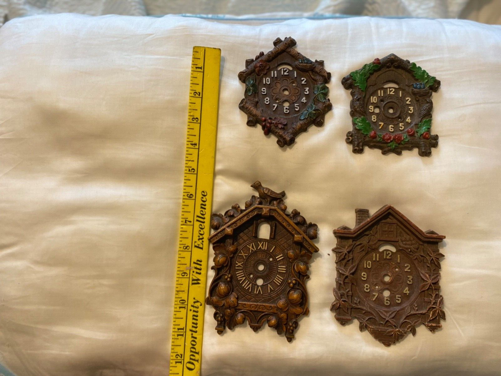 FOUR LUX KEEBLER TYPE MINIATURE CUCKOO DIAL FACES FOR PARTS