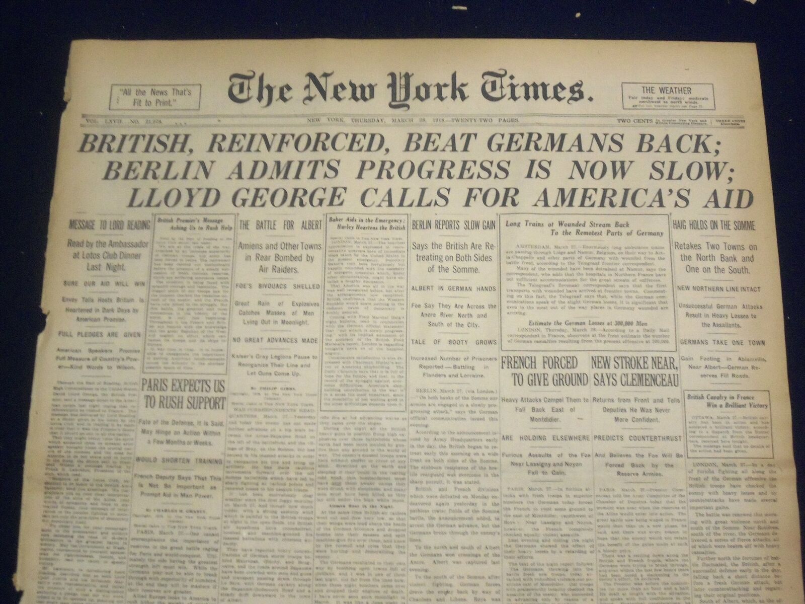 1918 MARCH 28 NEW YORK TIMES - BRITISH BEAT GERMANS BACK - NT 8157