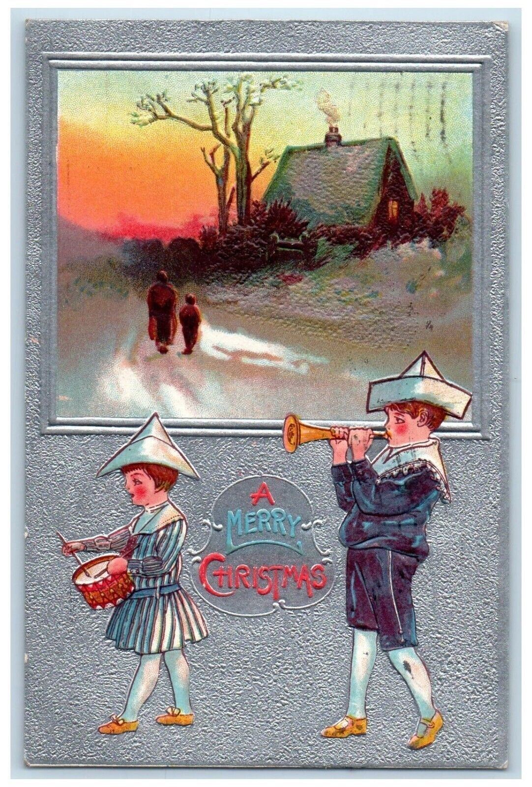 1909 Christmas Boy Girl Trumpet Drum Carol Winter Airbrushed Embossed Postcard