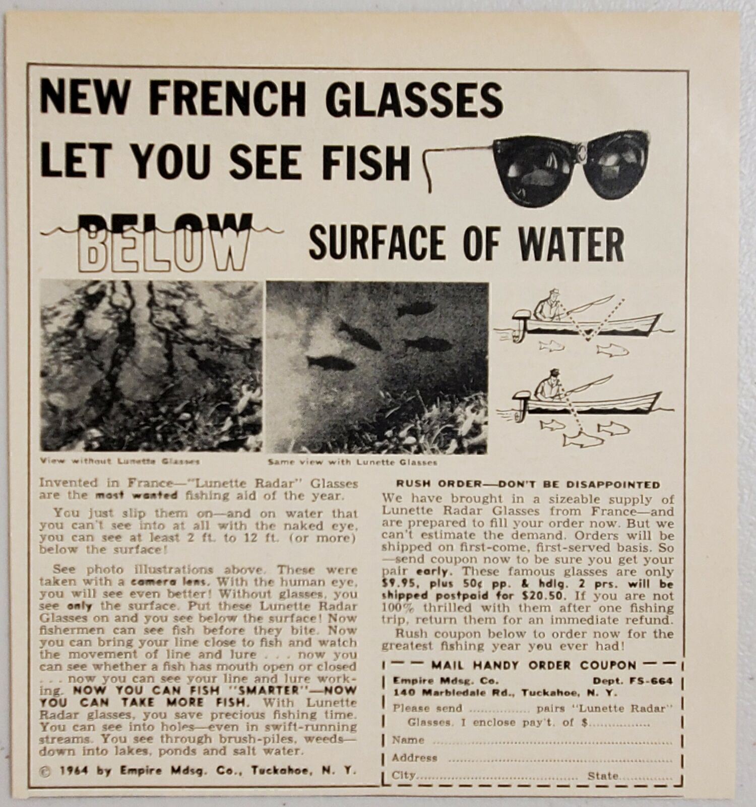1964 Print Ad French Lunette Radar Glasses for Fishing Tuckahoe,New York
