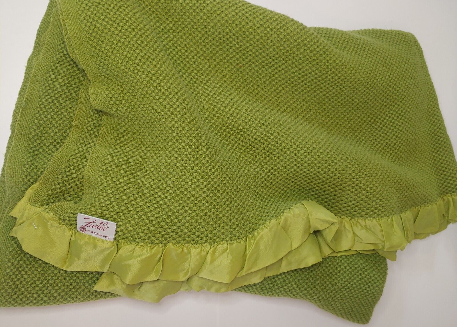 Vintage Faribo Pure Virgin Wool Blanket Green Throw Satin Trim 75x52 