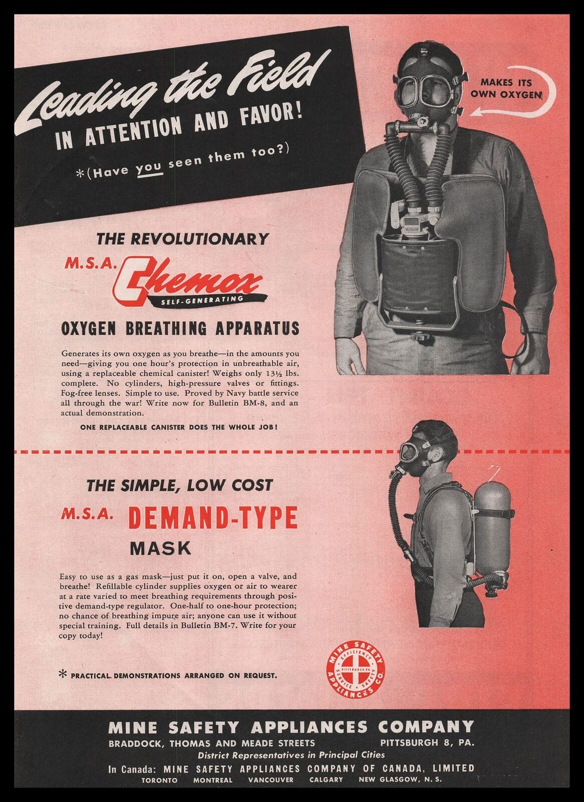 1946 Mine Safety Appliances Photo MSA Demand Type Oxygen Breathing Mask Print Ad