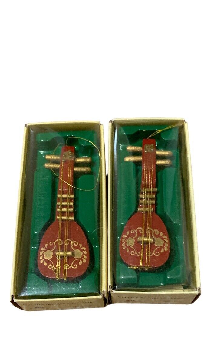 Lot Of 2 Vintage Russ Berrie Country Antique Ornament Wooden Christmas MANDOLIN