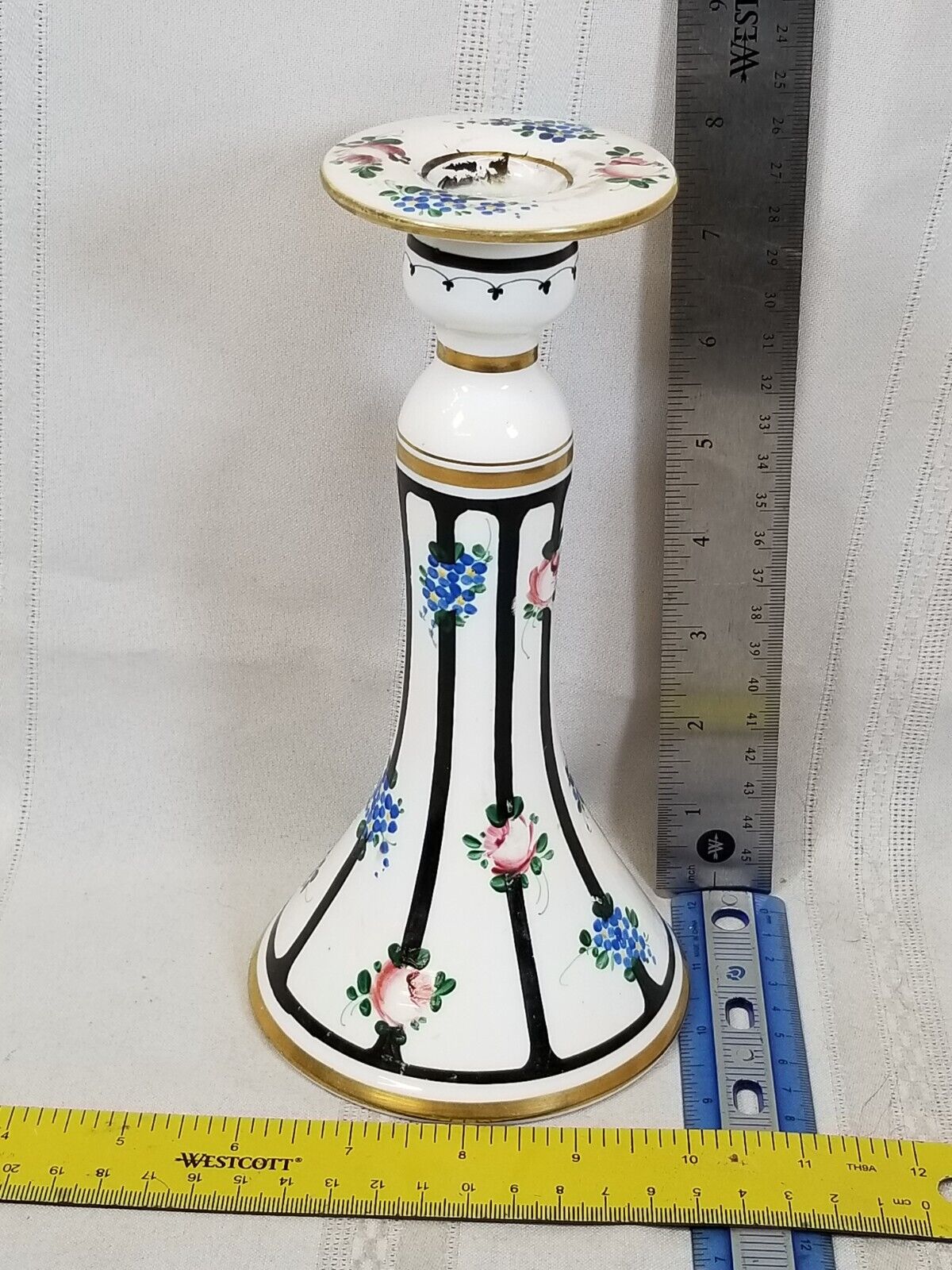 Hand Painted Floral & White Candle stick Holder 8” Gold Black Accents