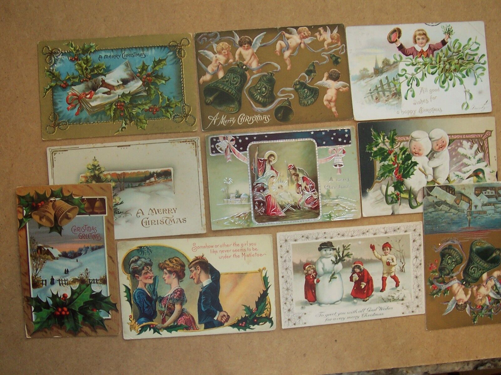 antique 1900's Merry Christmas post cards, lot of 10, some embossed, Tuck's