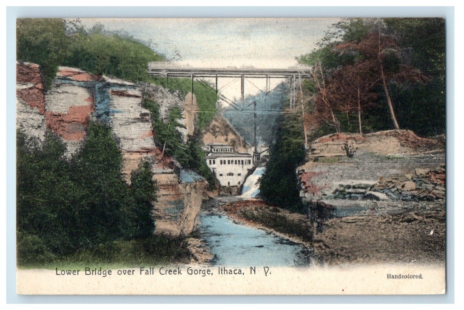 c1910\'s Lower Bridge Over Fall Creek Gorge Ithaca NY Handcolored Postcard