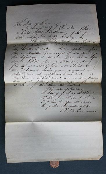1840 Indianapolis Indiana Marion County Clerk Robt. Duncan document Sam Houston-