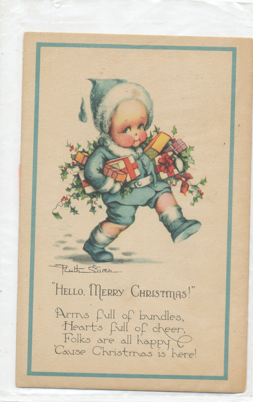 CHRISTMAS postcard -  A/S R SUREH - BOY WITH GIFTS used 1925