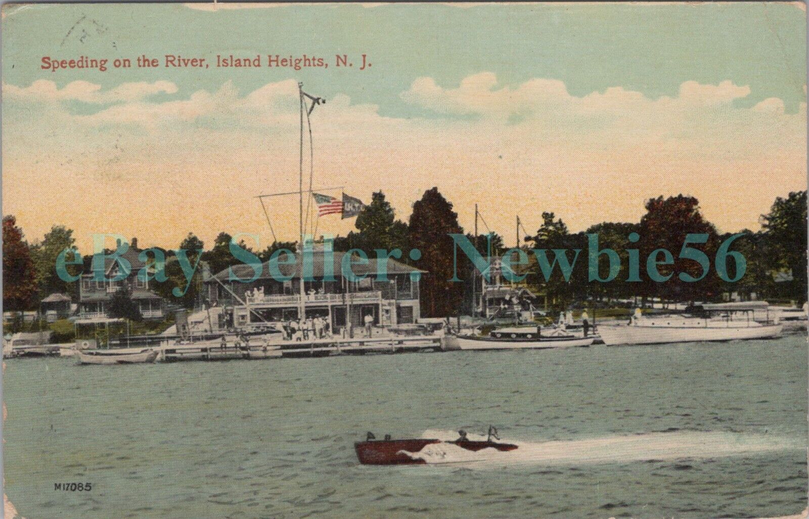 Island Heights NJ - MOTOR BOAT SPEEDING ON RIVER AT YACHT CLUB - Postcard