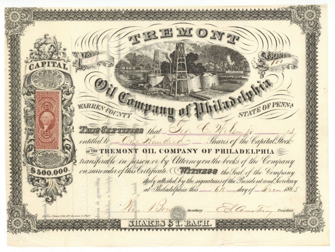Tremont Oil Co. of Philadelphia - Stock Certificate - Oil Stocks and Bonds