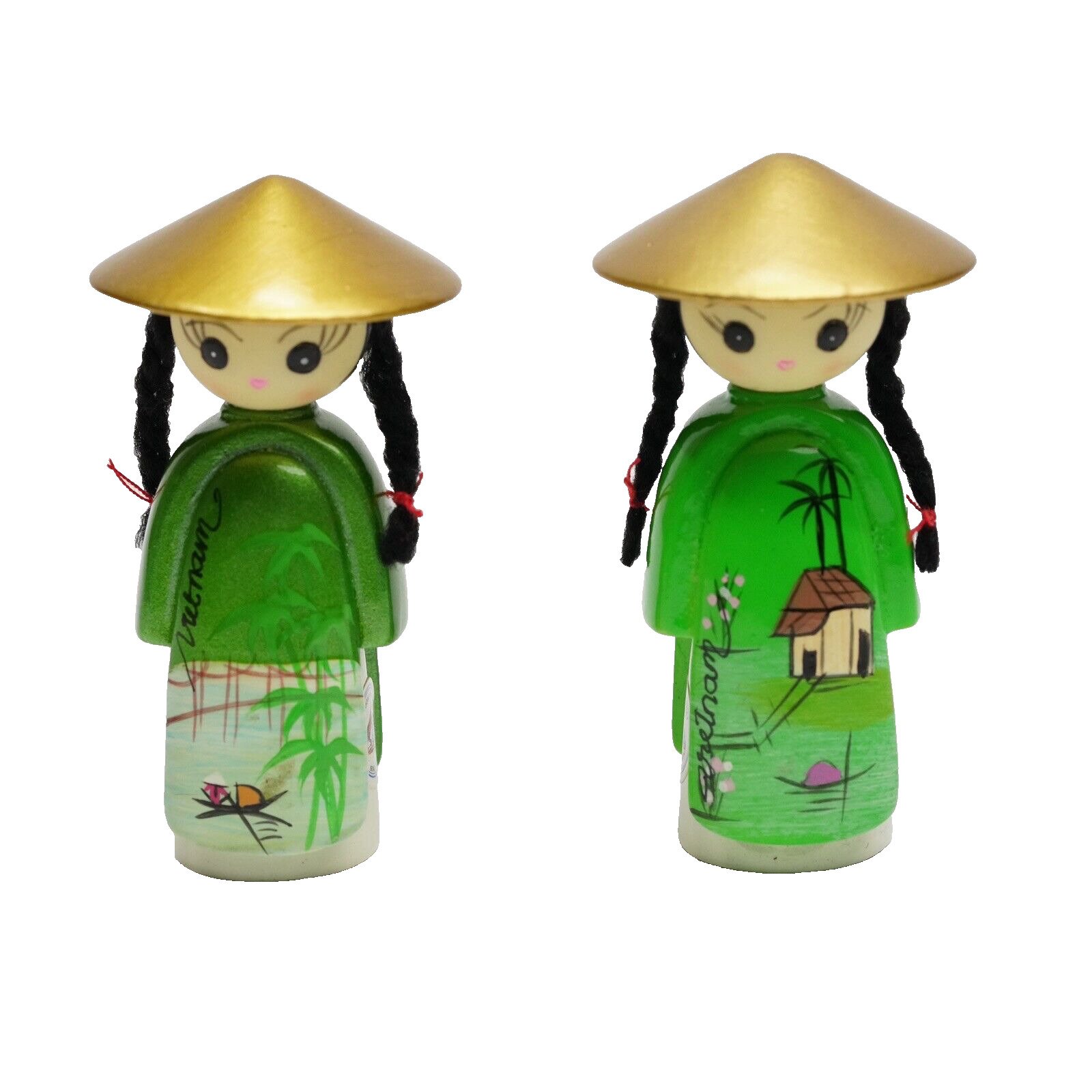 Vintage 2 Vietnam Geisha Girl Dolls Hard Resin Figurine Trinket Decor About 2.5”