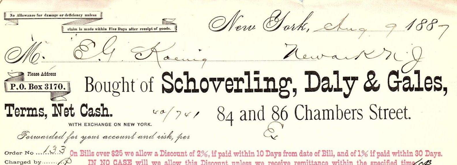 1887 SCHOVERLING DAILY & GALES CHAMBERS ST NEW YORK INVOICE BILLHEAD Z1246