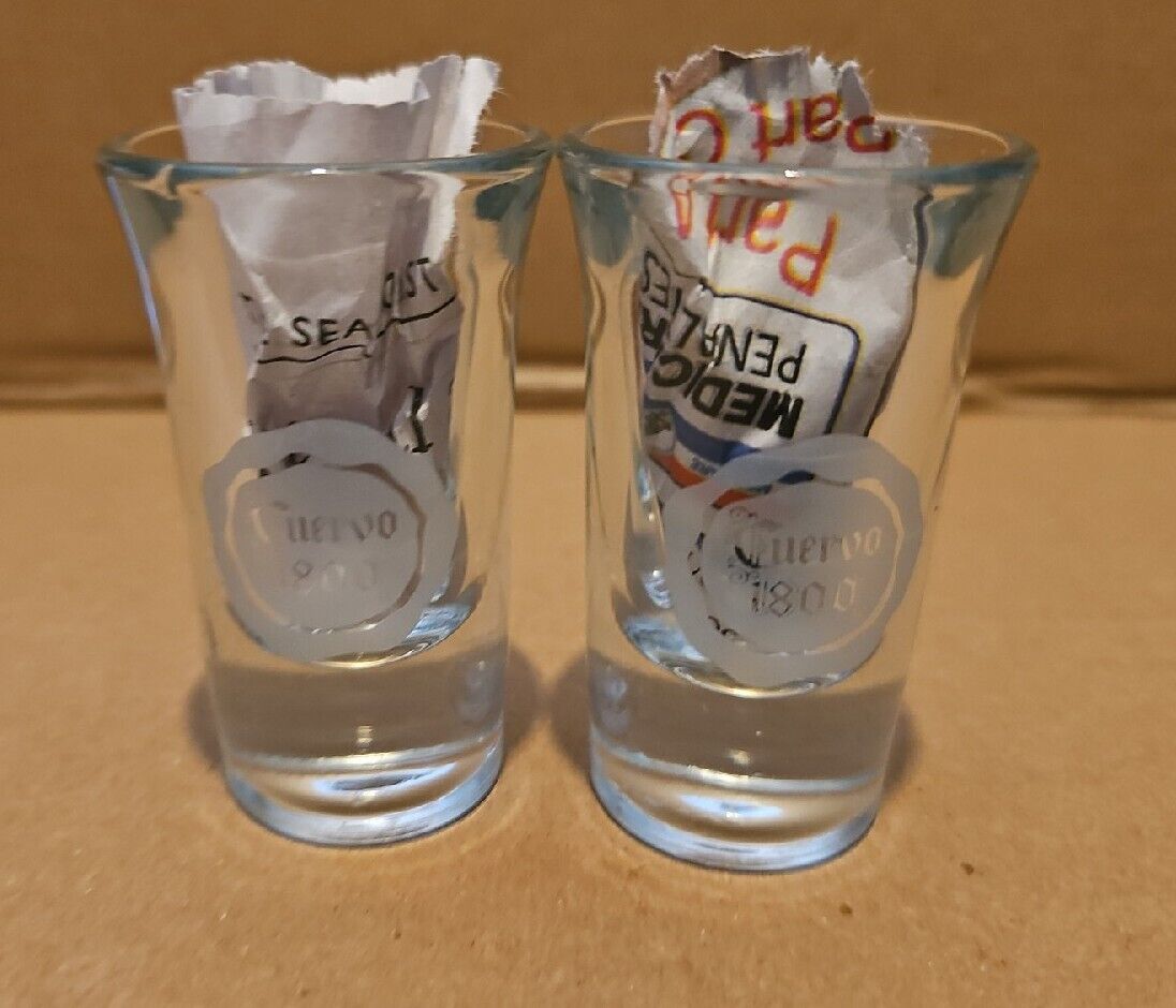 2 Jose Cuervo 1800 Shot Glasses Flared Rim Tequila Shooters Etched Logos Libbey 