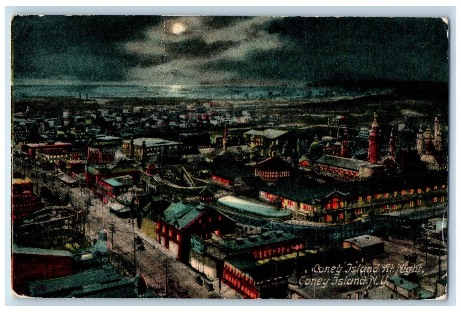 1912 Bird\'s Eye View Of Coney Island At Moon Night Scene New York NY Postcard