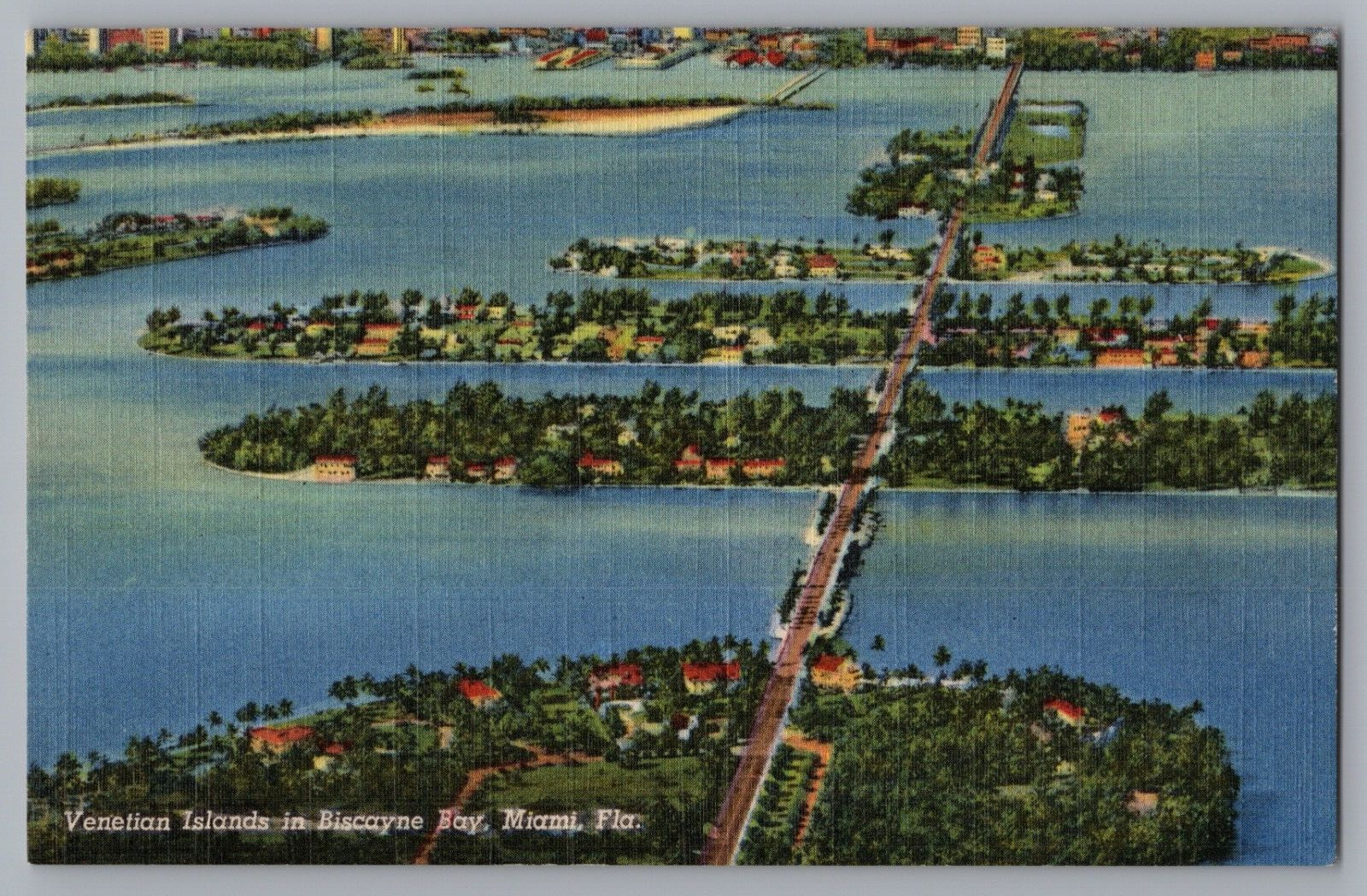 Venetian Islands In Biscayne Bay Miami Florida Vintage Linen Postcard