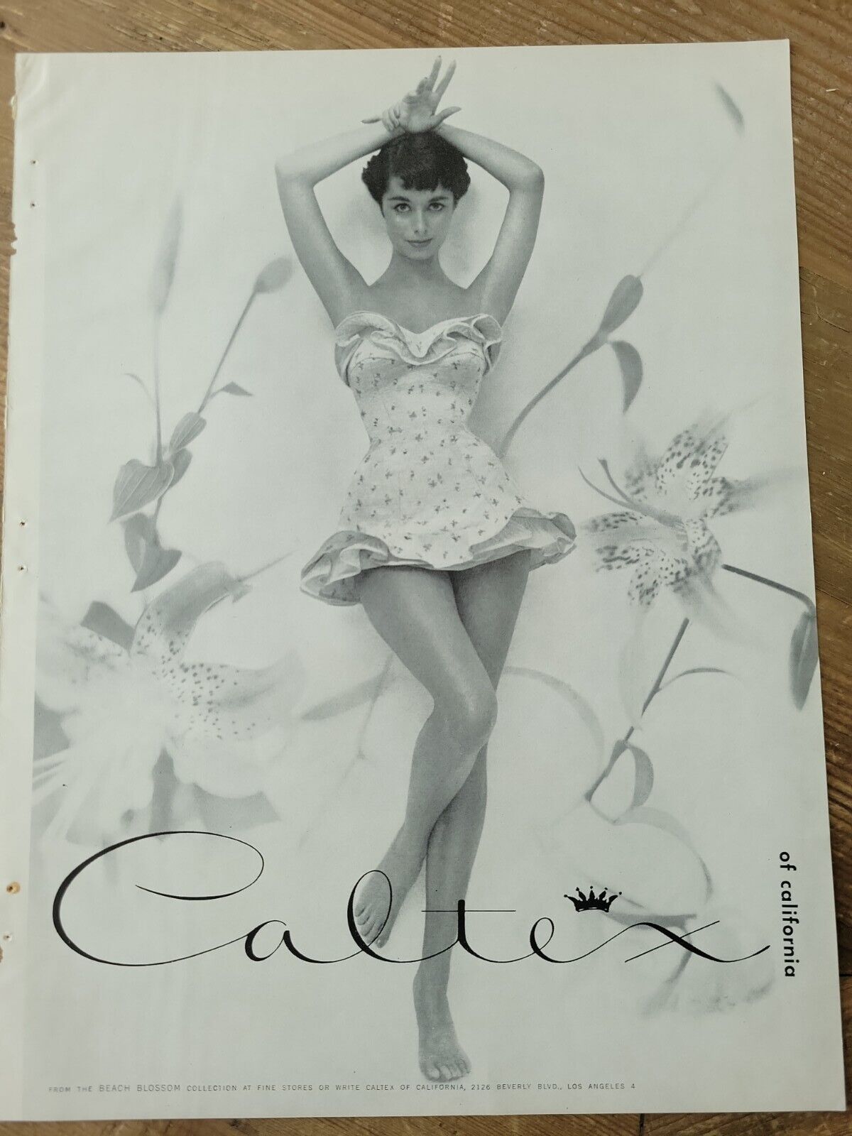 1954 women\'s Caltex of California ruffled swimsuit vintage fashion ad