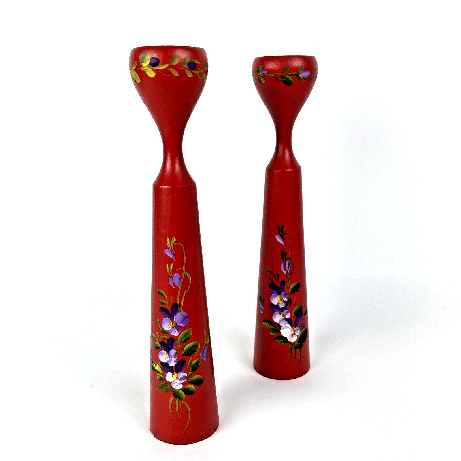 Danish Tulip Wooden Candlestick Set 2 Candle Holder Red painted 9 in mcm Denmark