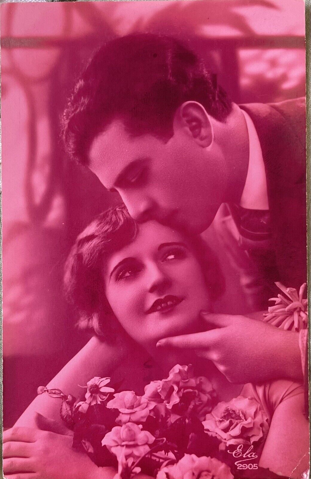 Magenta Cyanotype Vintage RPPC Postcard~Romantic French Couple. P006
