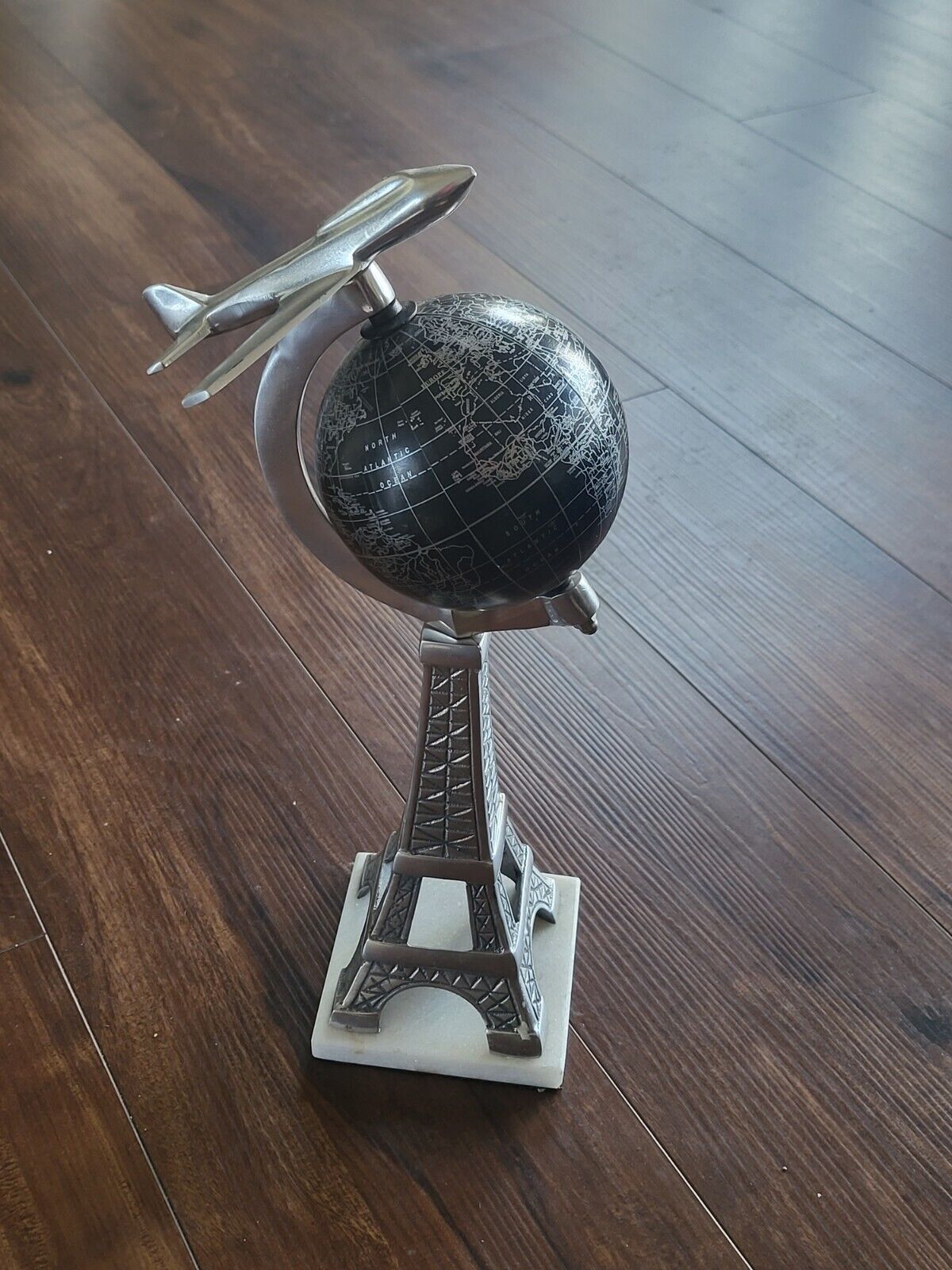 Eiffel Tower Statue With Airplane On Top Of Globe 15 Inches Tall 