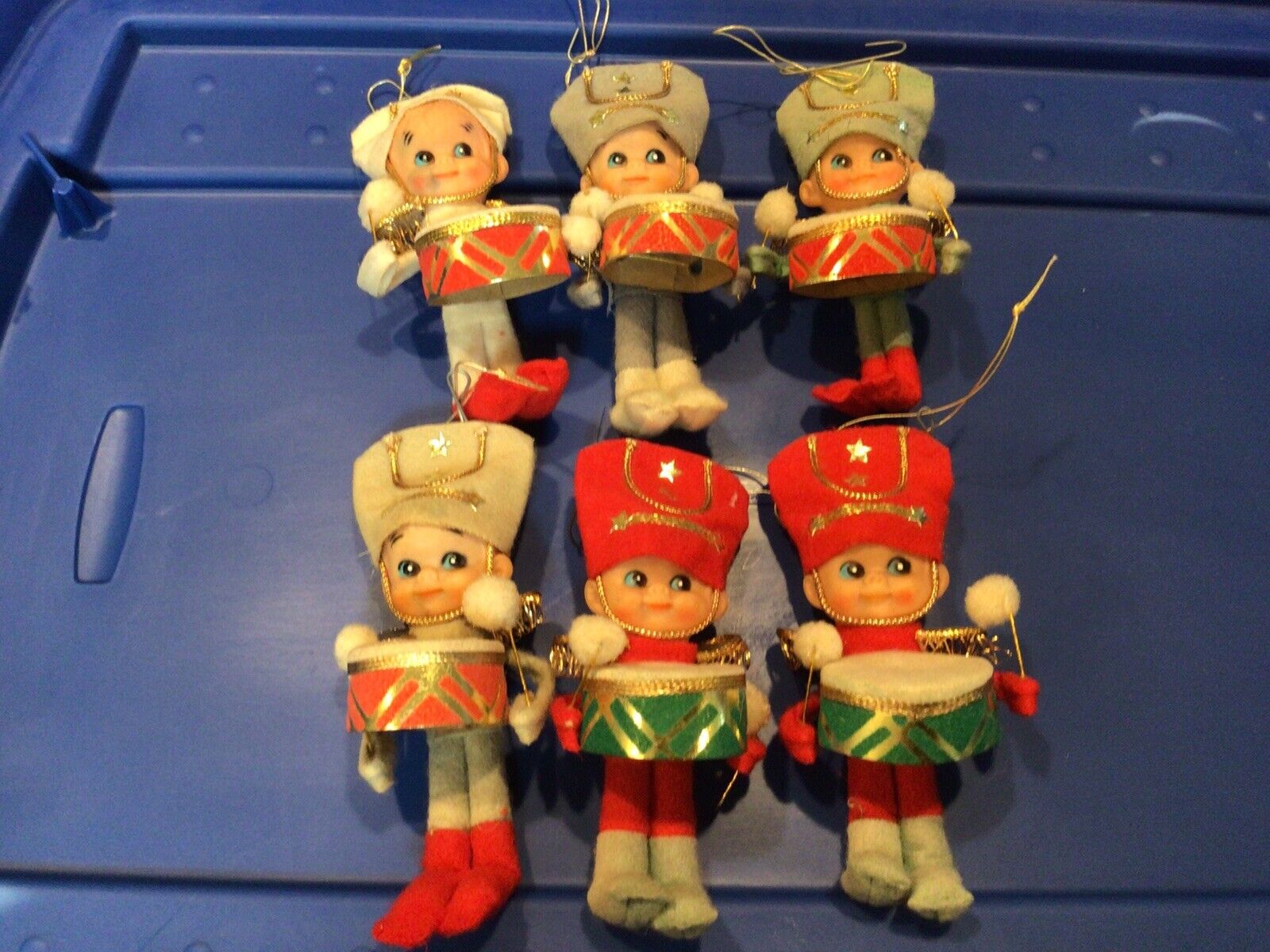 Vintage Flocked Little Drummer Boys Christmas Ornament Japan 4” Elf Lot Of 6
