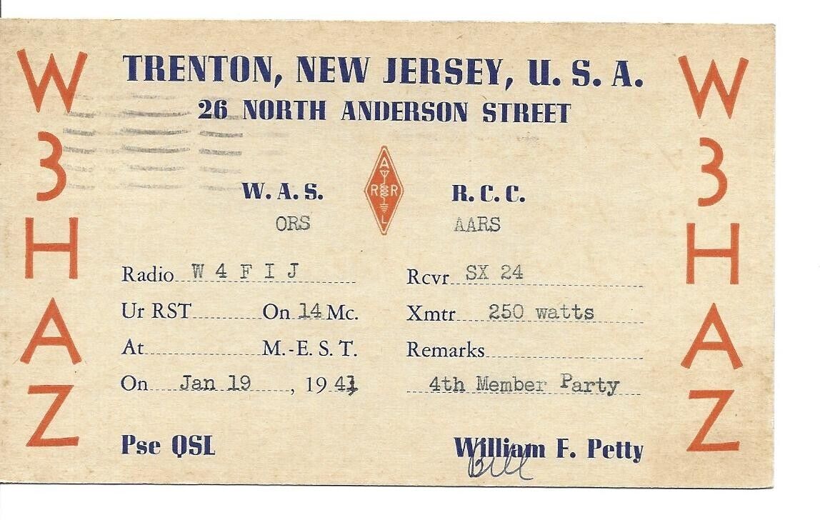 QSL  1941  W3HAZ Trenton New Jersey    radio card