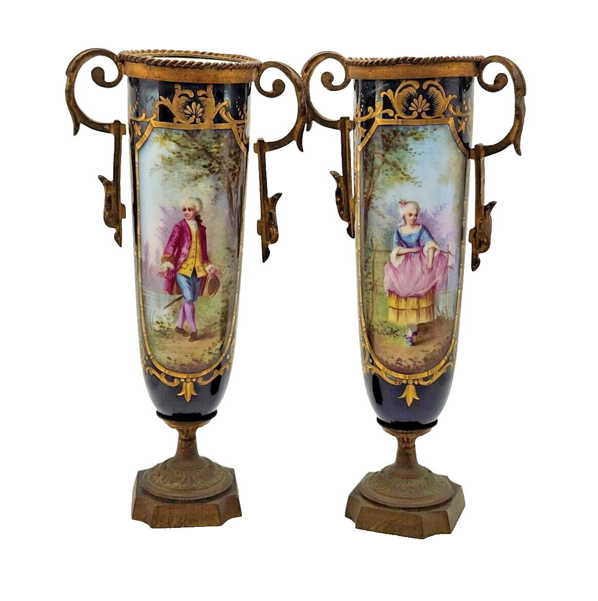 Pair of Antique French Sevres Porcelain Urns, Hand Painted, 1880\'s