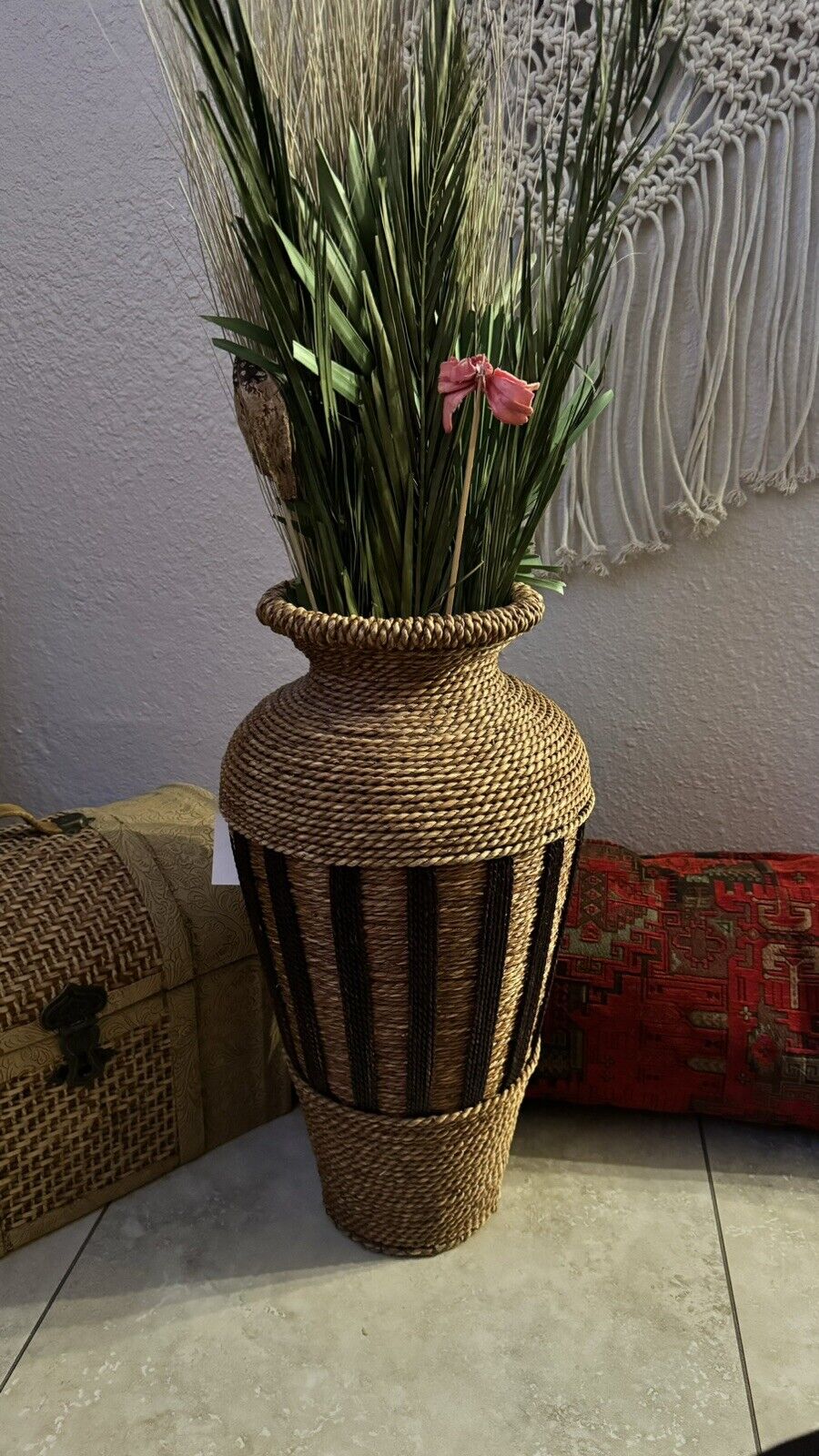MCM VTG LG Wicker Floor Vase Urn Boho 20” Tall Rattan Flower Basket Shabby Chic