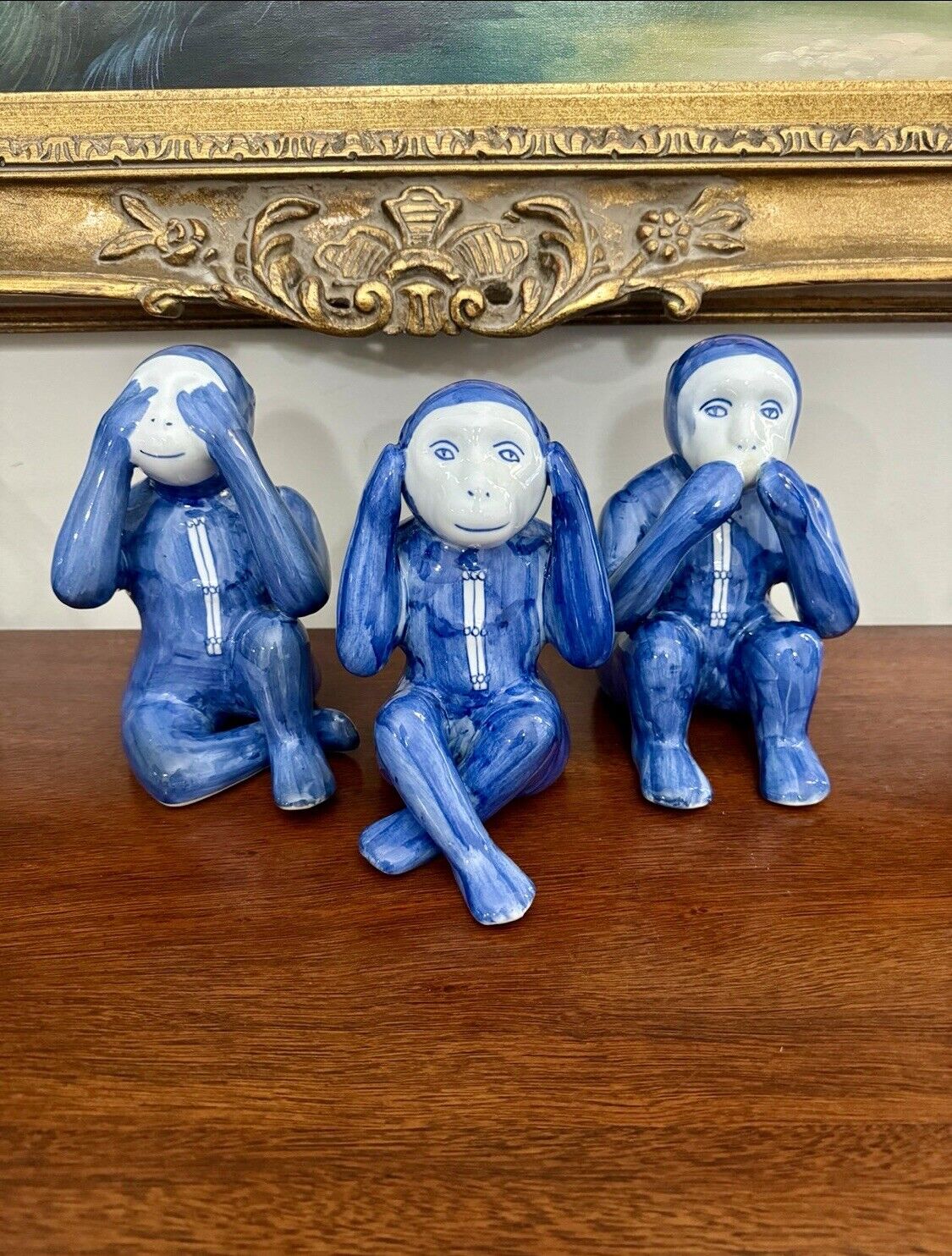 Vintage Chinoiserie Blue & White Three Wise Monkey Figurines