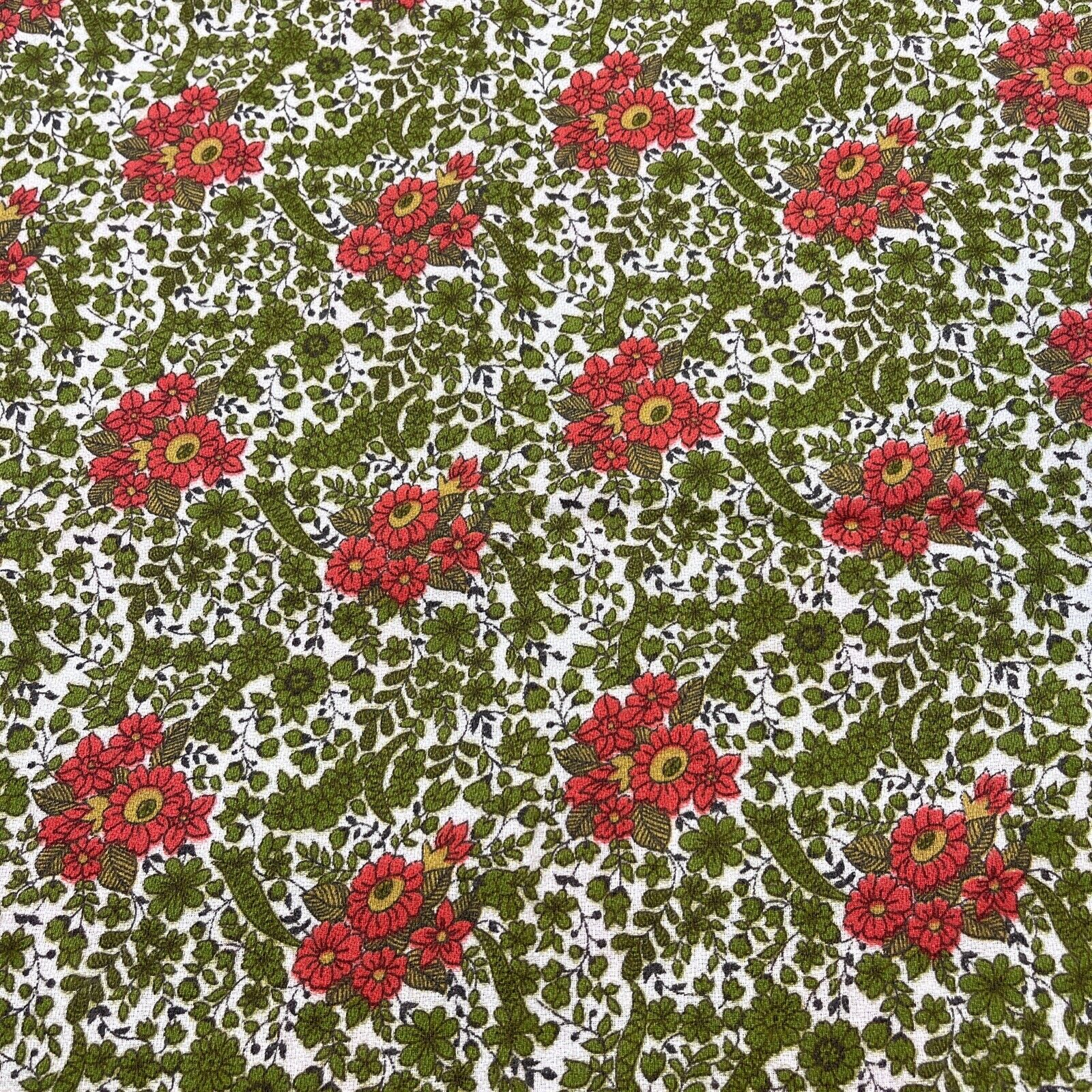 Vintage 70s Floral Fabric Retro Mod Green Orangy Red Gold Soft 41