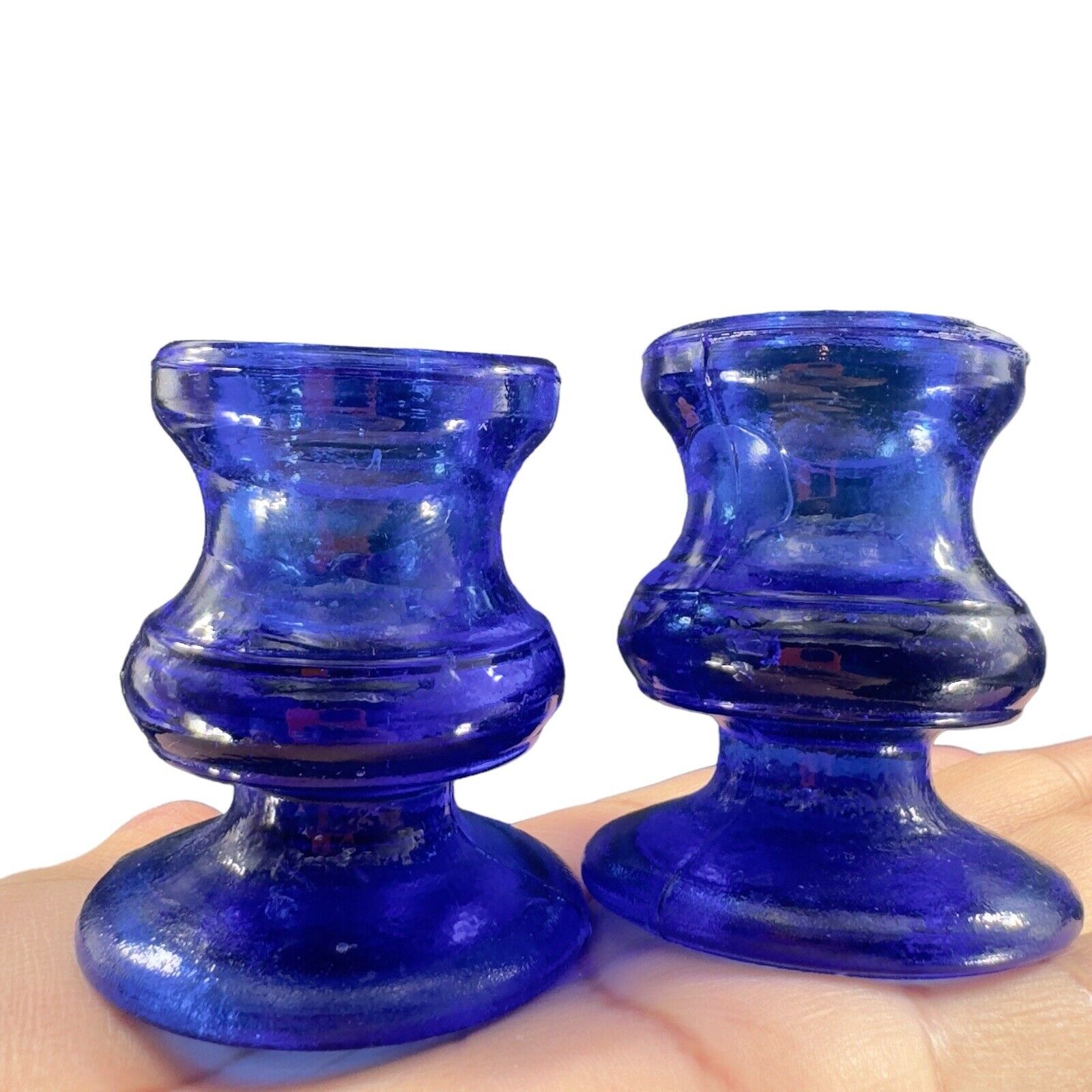 Cobalt Blue Recycle Glass Candle Stick Holder Votive Set 2 Art Glass Holders