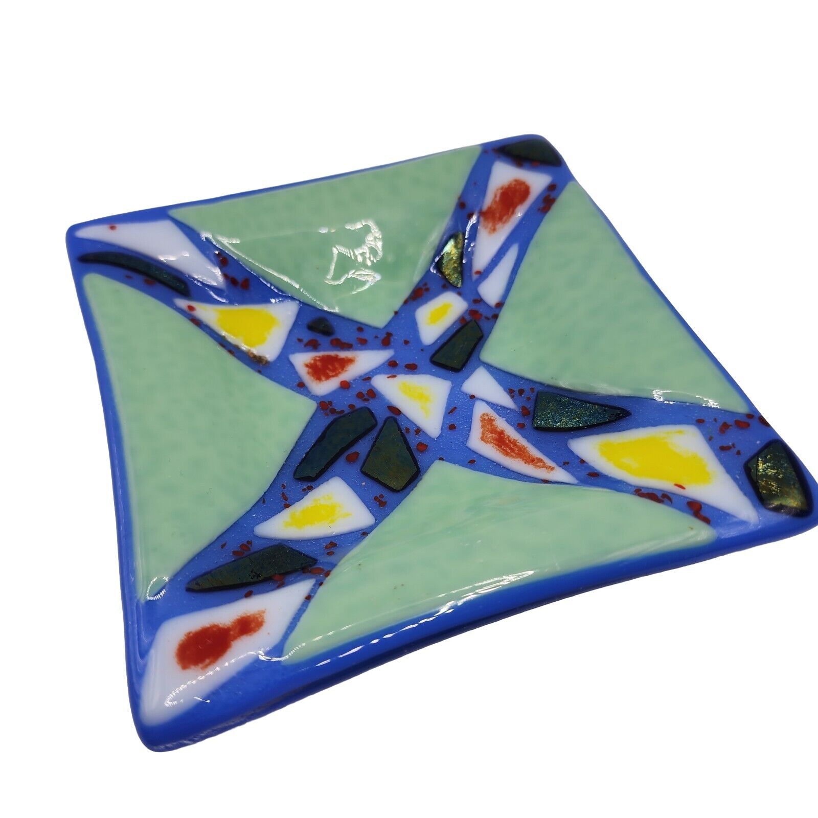 Fused Art Glass Trinket Dish Multicolor Dichroic Blue Teal Cross 6\