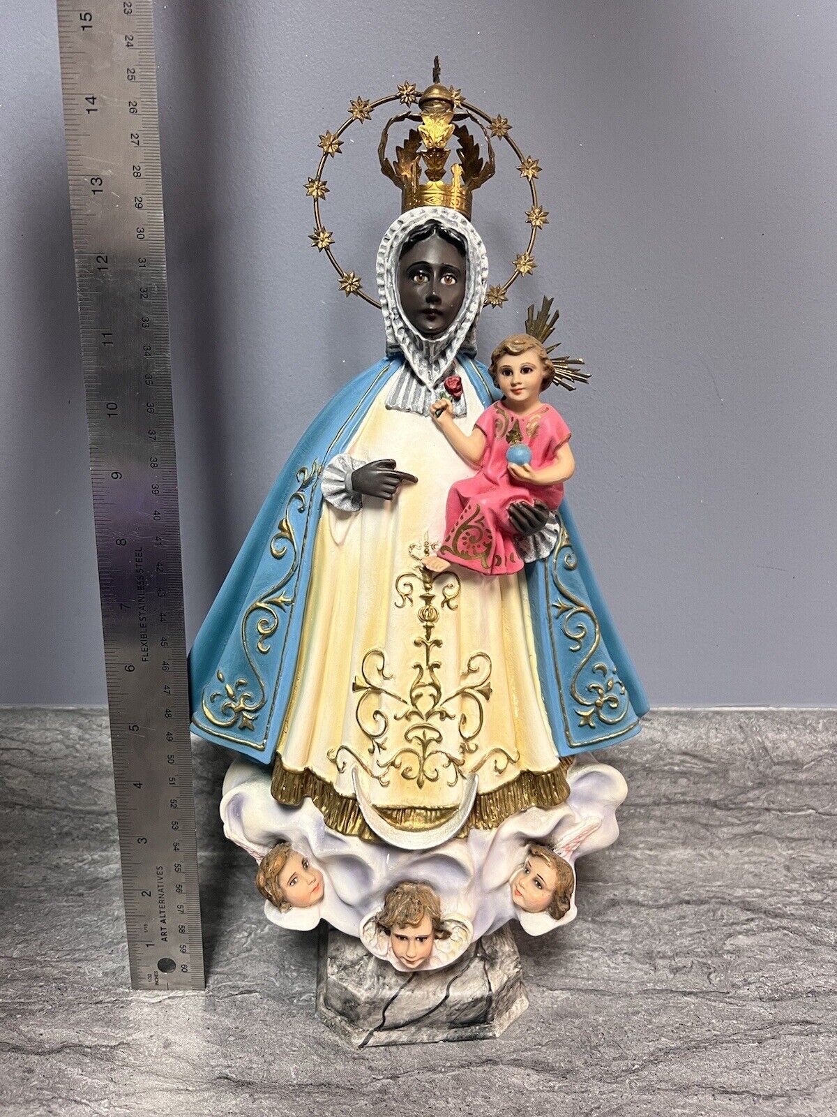 Vintage Virgen De Regla 15in Statue With Glass Eyes Made In Spain Yemaya