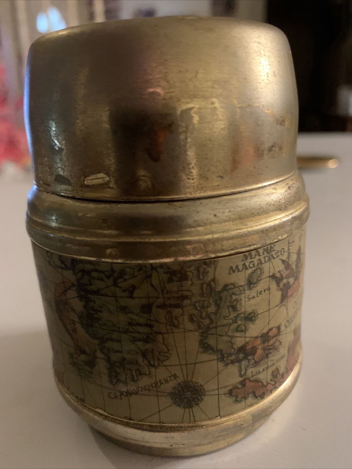 Vinatge golden brass tin box , antique world map decor, small round tin box