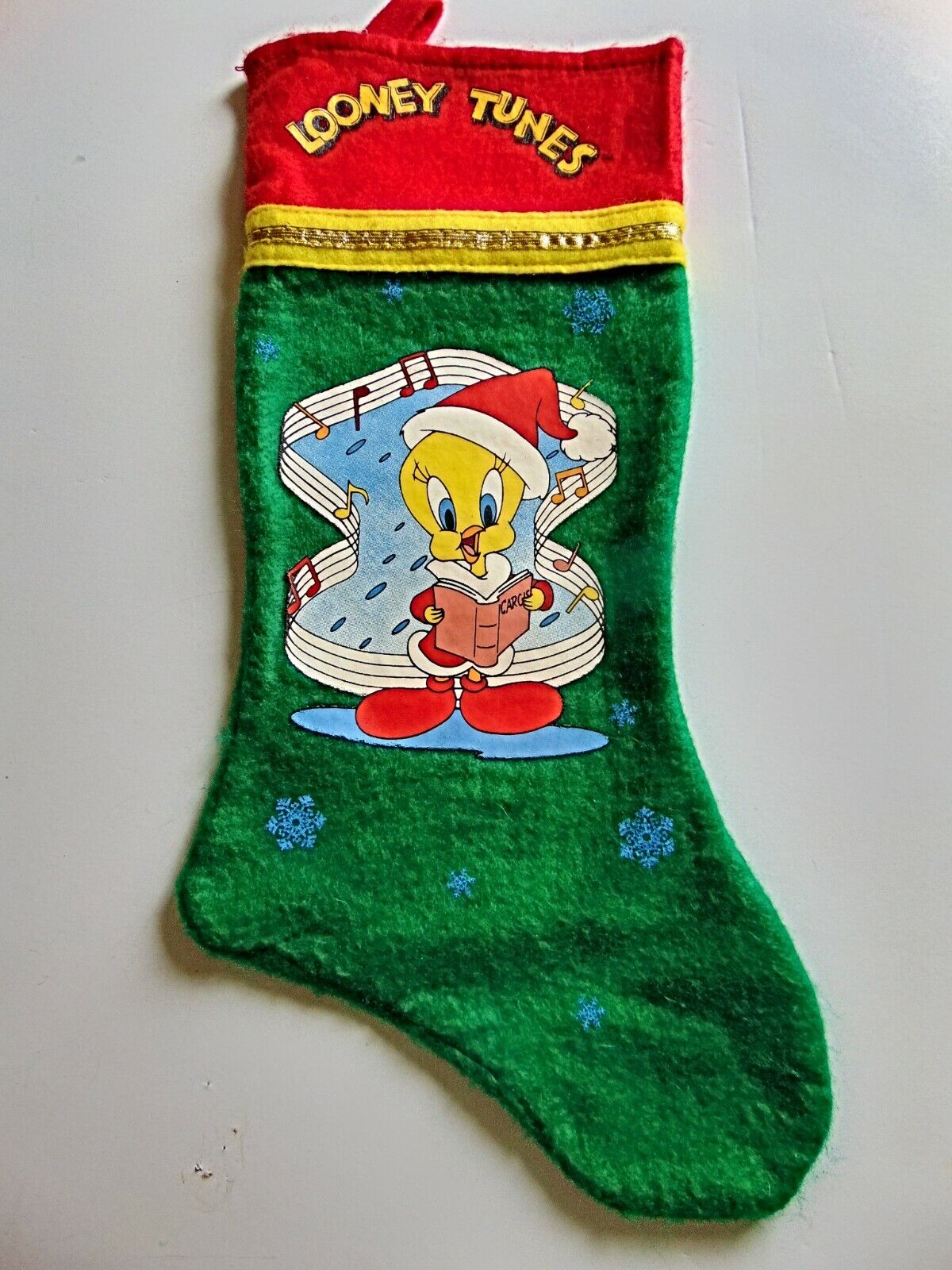 Vintage Christmas Felt Stocking Looney Tunes Tweety Bird Caroling 16” Gold 1995